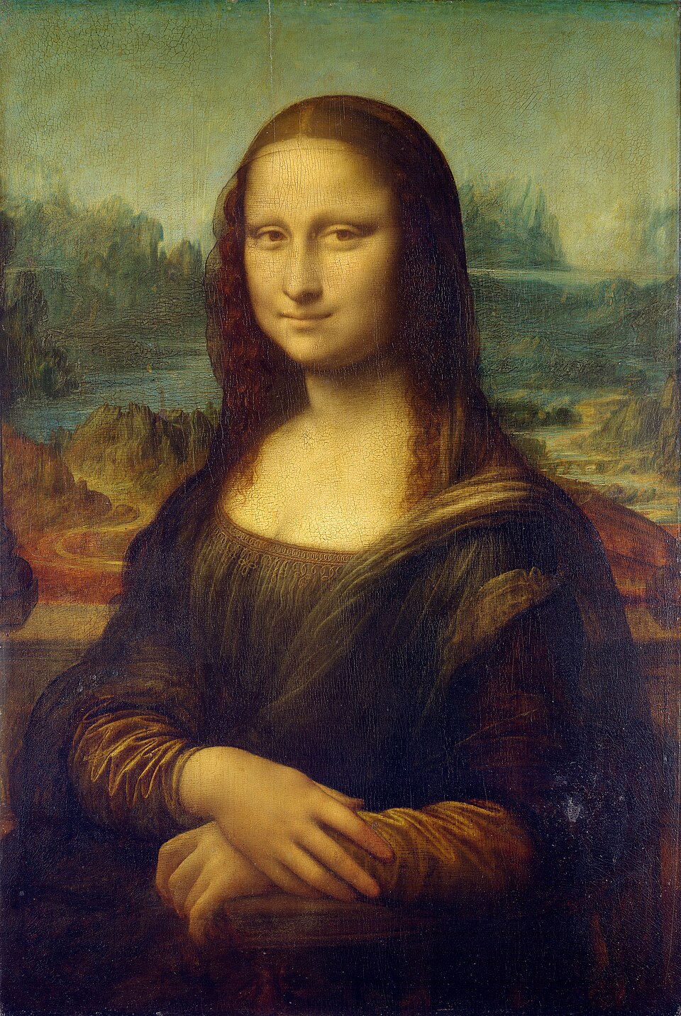 레오나르도 다 빈치의 모나리자. 어두운 옷을 입은 여인이 두 손을 모으고 앉아 있고 뒤로 굽은 길과 강, 다리가 있는 풍경이 펼쳐진다.